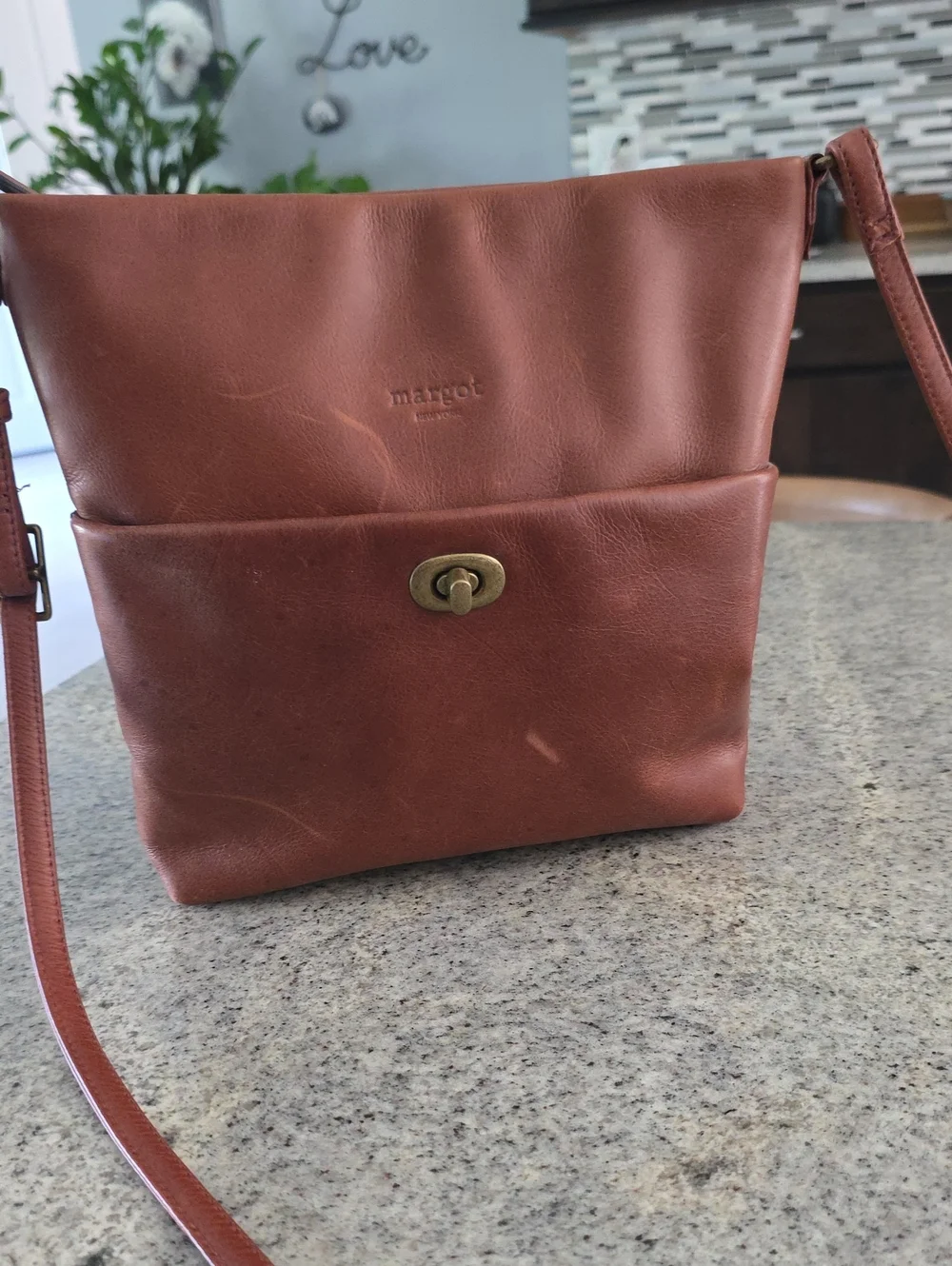 Margot Cognac Brown Leather Crossbody with Turn-Lock Pocket